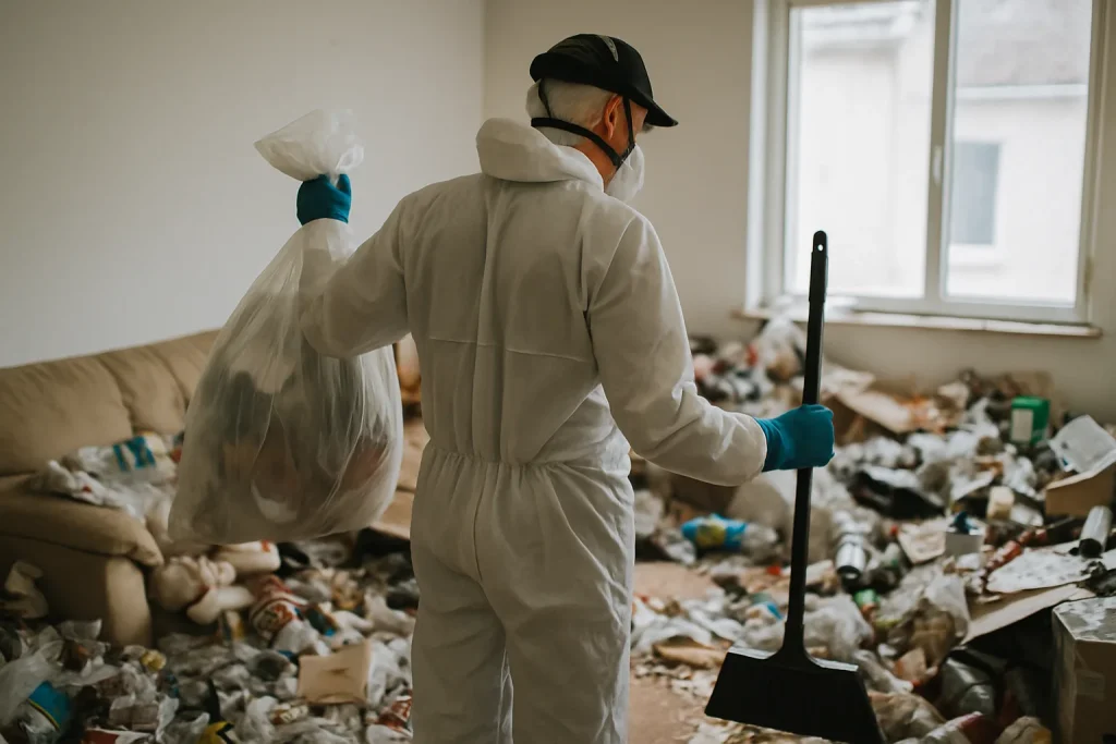 Intérieur d'un appartement en désordre avec objets éparpillés, représentant une situation de nettoyage après diogène.
