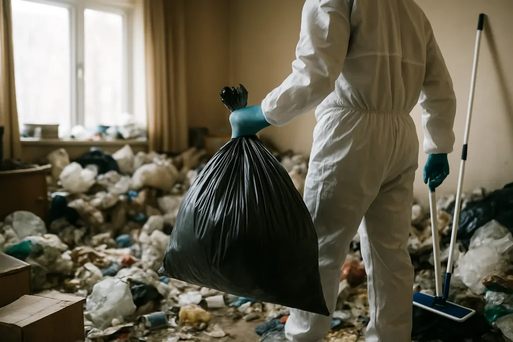 Des experts nettoient un appartement en désordre à Noyarey, illustrant un nettoyage après syndrome de Diogène.