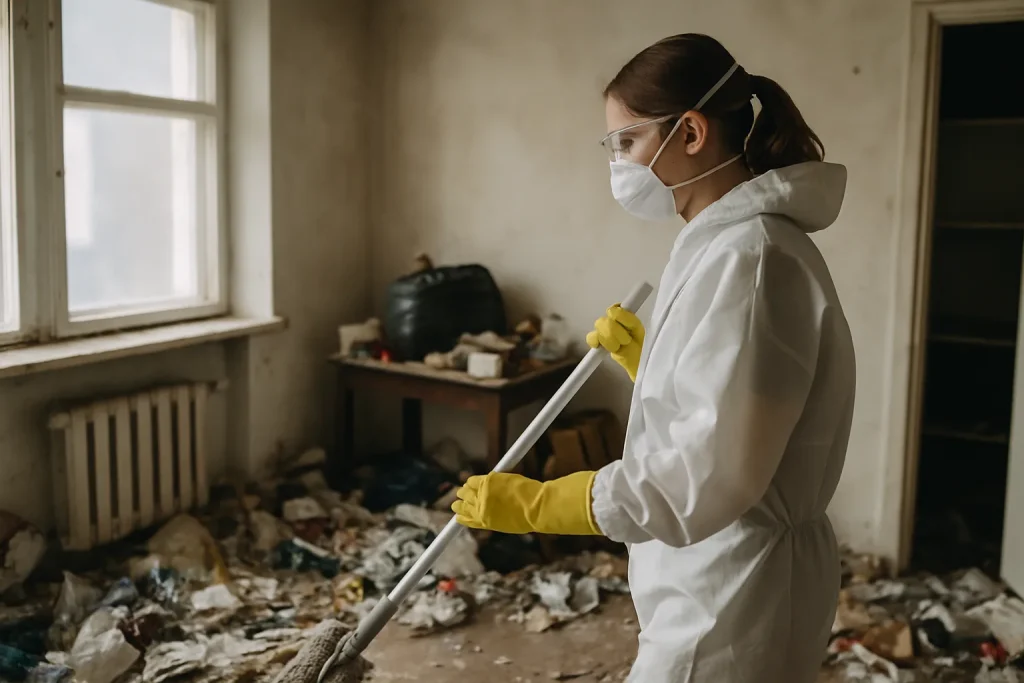 Équipe de nettoyage dans un appartement encombré à Le Palais, en train d'enlever des déchets.
