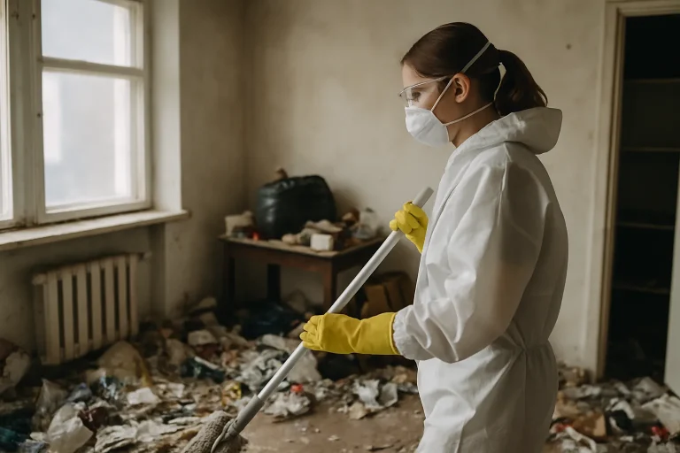 Équipe de nettoyage dans un appartement encombré à Le Palais, en train d'enlever des déchets.