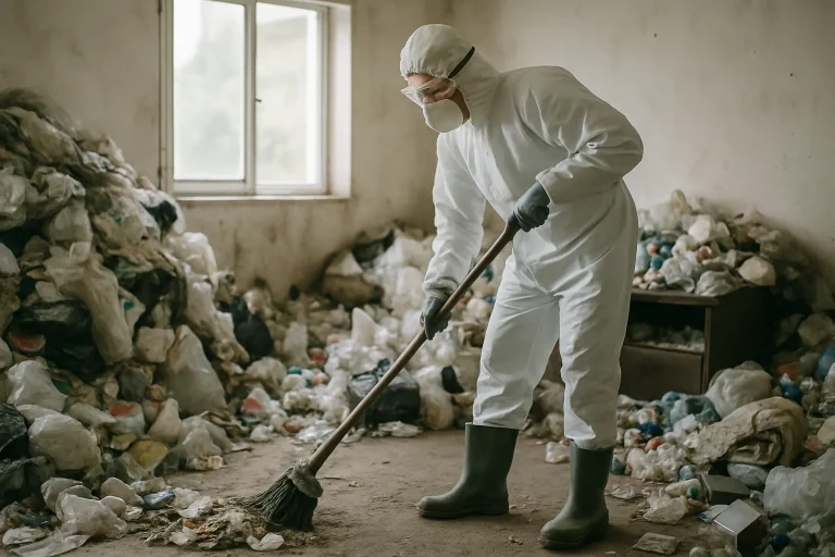 Intérieur en désordre d'une maison à Plumelec, illustrant le besoin de nettoyage après syndrome de Diogène.