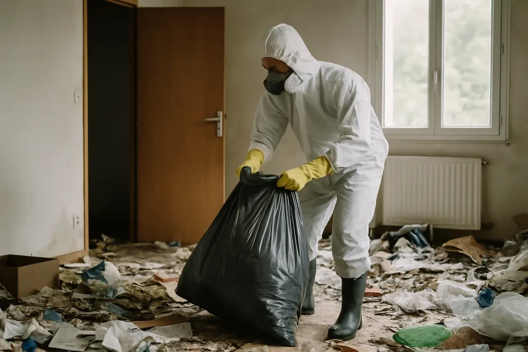 Une équipe de professionnels nettoie un appartement en désordre à Saint-Nolff.