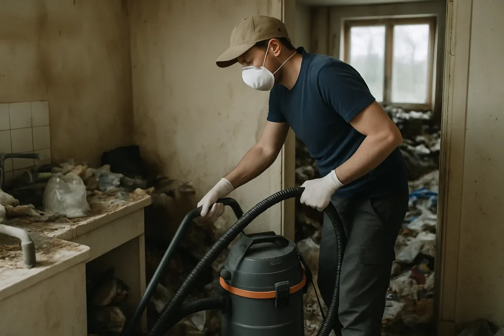 Intérieur d'un appartement à Begard en désordre avec des déchets et des meubles abîmés.