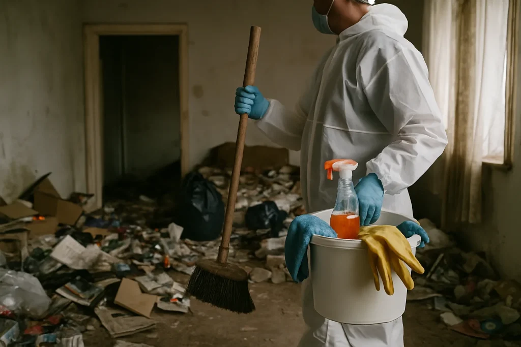 Vue d'un appartement à Bain-De-Bretagne avec accumulation d'objets, préparé pour un nettoyage.