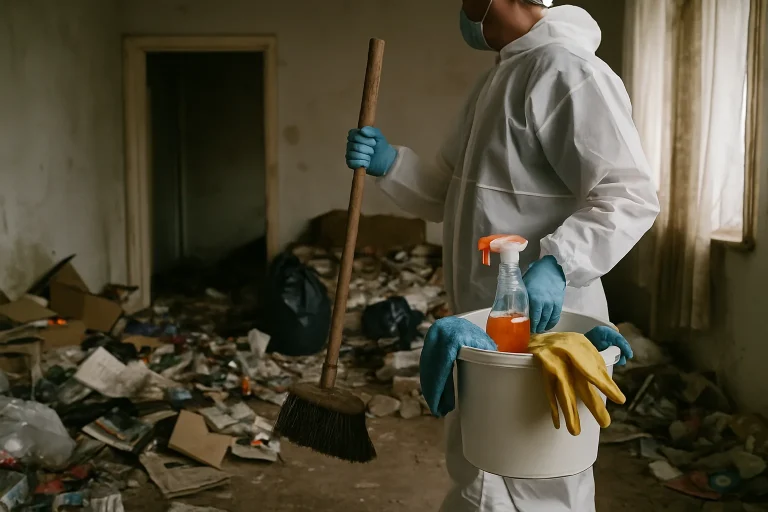 Vue d'un appartement à Bain-De-Bretagne avec accumulation d'objets, préparé pour un nettoyage.