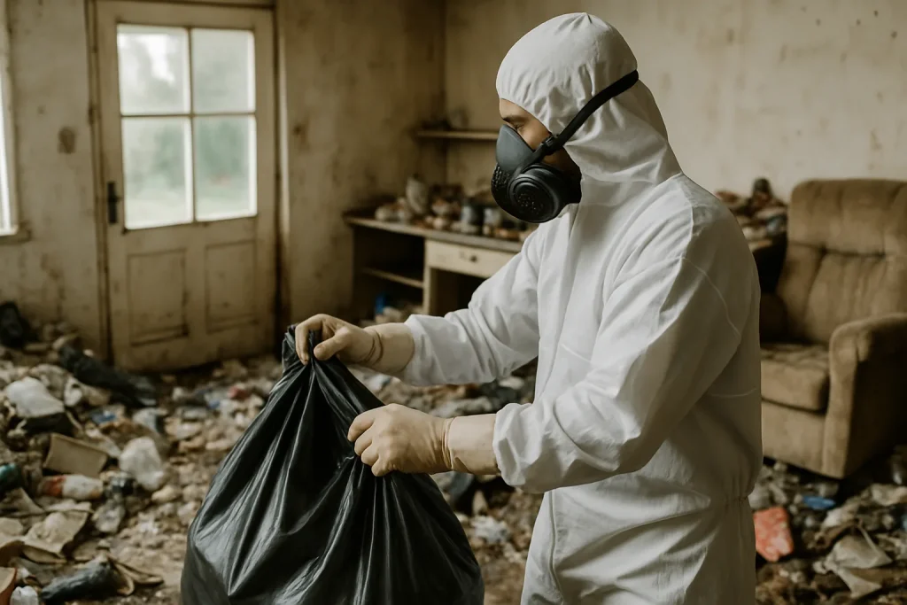 Salle de séjour en désordre avec des déchets à Valencay avant le nettoyage.