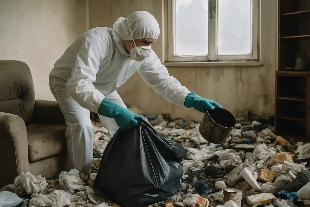 Équipe de nettoyage dans un appartement à Toury, désordre visible avec déchets.