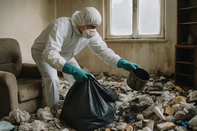 Équipe de nettoyage dans un appartement à Toury, désordre visible avec déchets.