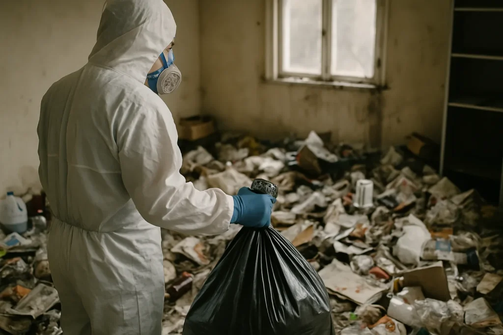 Appartement à Lorris en désordre après un syndrome de Diogène, avec objets et déchets visibles.