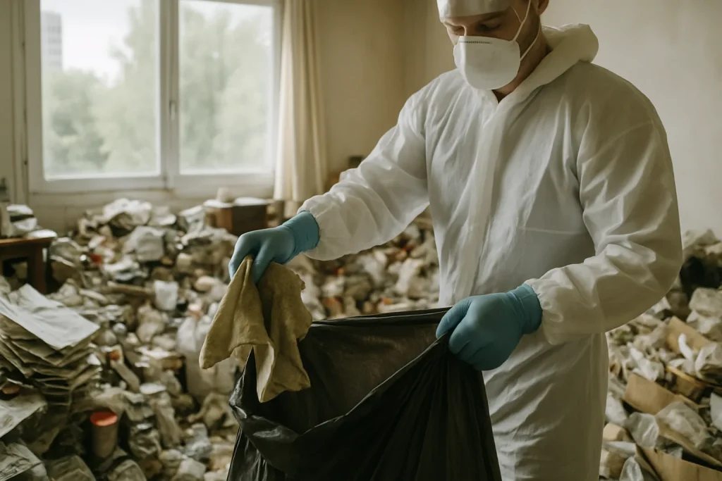 Un technicien de nettoyage préparant un appartement encombré à Saint-Ouen après un syndrome de Diogène.