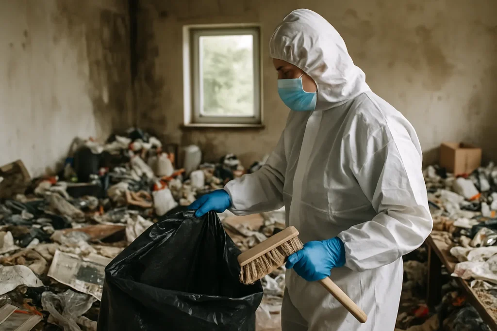 Des nettoyeurs professionnels à Pont-De-Roide trient des objets dans un appartement désordonné.