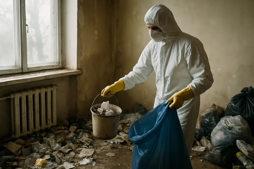 Intérieur d'un appartement à Dunieres avec des déchets et objets en désordre avant nettoyage.
