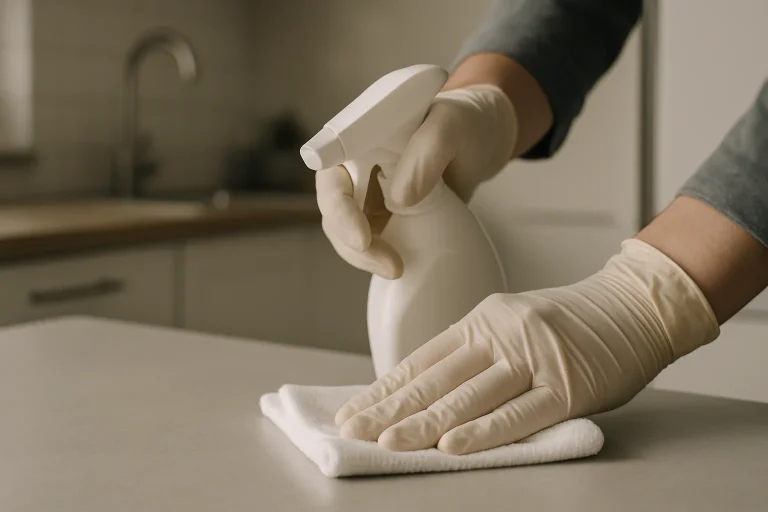 Main en gant appliquant un produit désinfectant sur une surface à la maison
