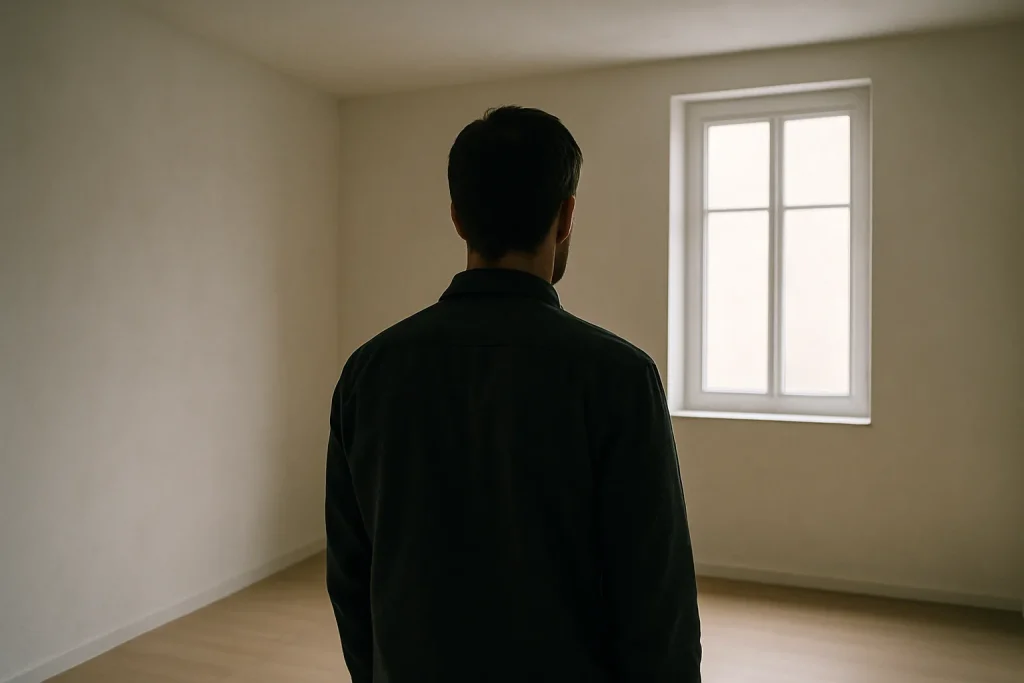 Silhouette de dos dans une pièce vide, lumière douce entrant par une fenêtre.