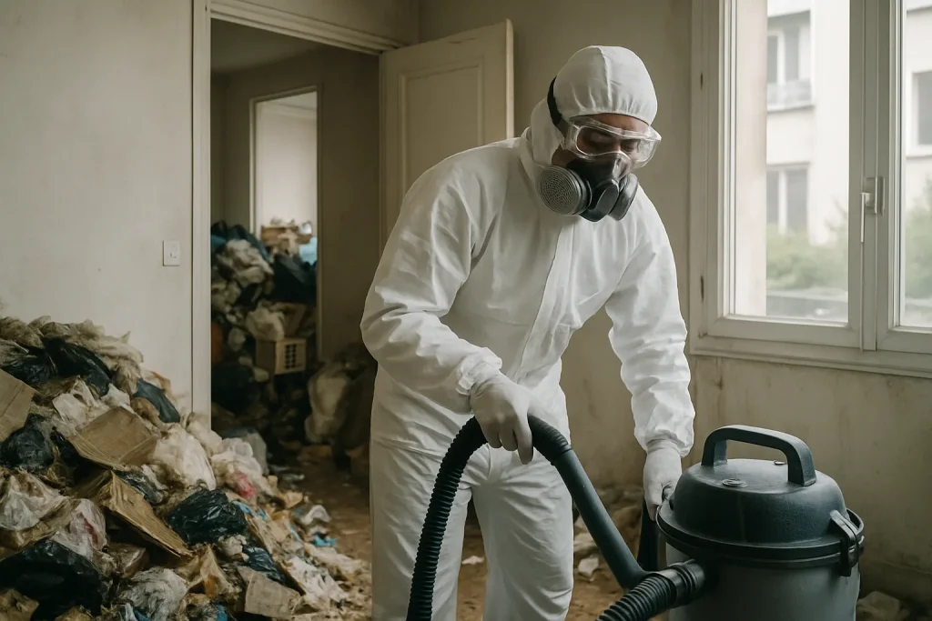 Appartement en désordre à Chatillon avec déchets et objets éparpillés.