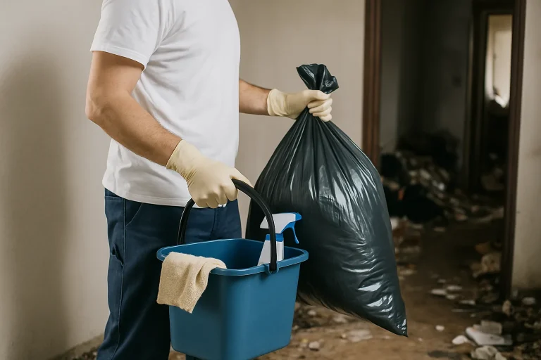 Un agent de nettoyage en train de réorganiser un appartement en désordre à Taden.