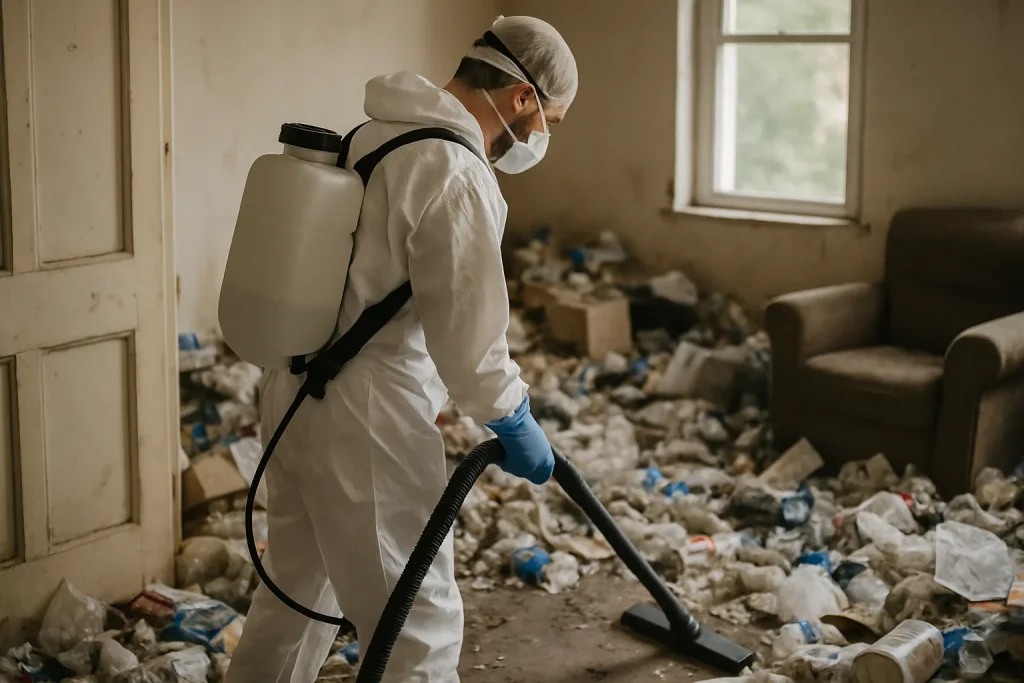 Équipe de nettoyage triant des déchets dans un appartement à Saint-Pere.
