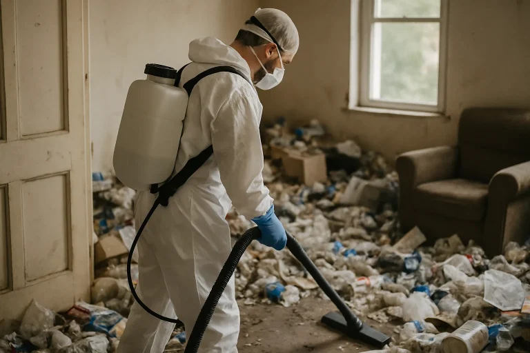 Équipe de nettoyage triant des déchets dans un appartement à Saint-Pere.