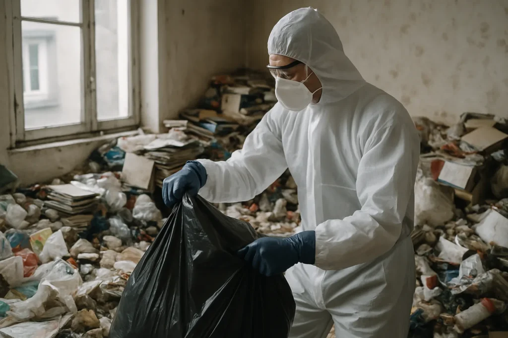Professionnels nettoyant un appartement encombré à Dol-De-Bretagne après syndrome de Diogène.