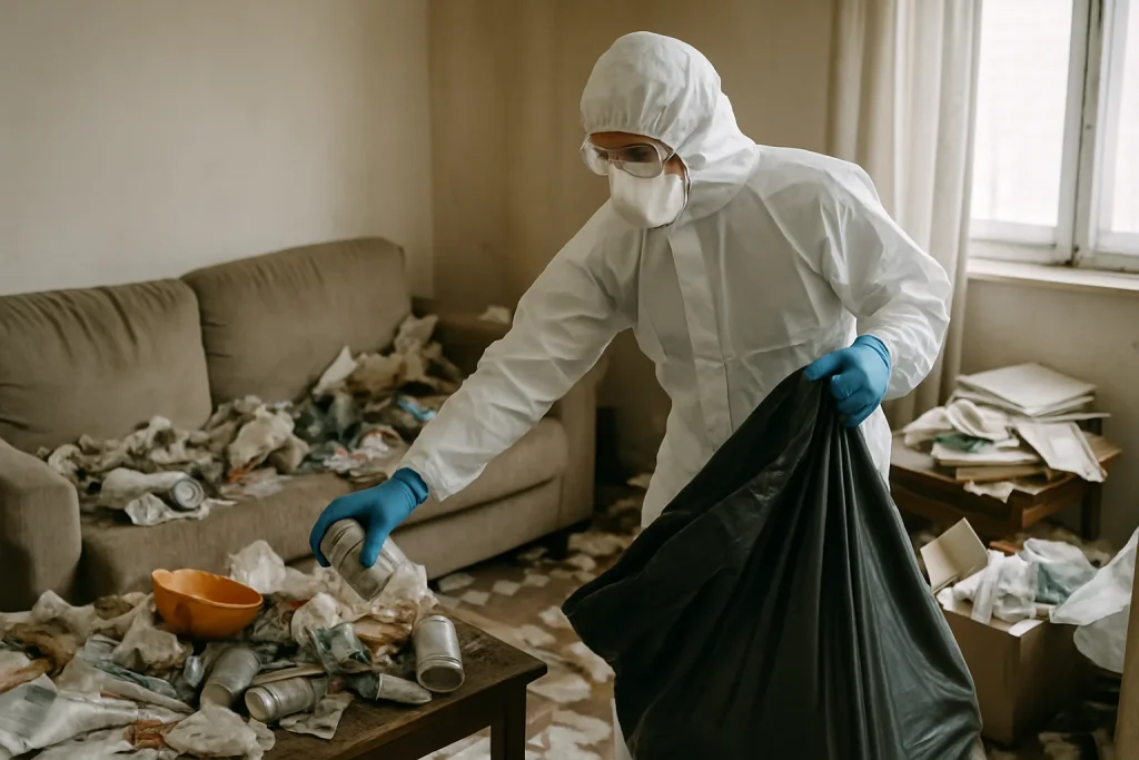 Équipe de nettoyage dans un appartement en désordre à Ploudalmezeau, intervention rapide.