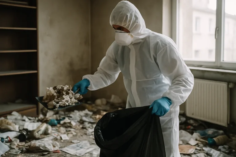Un professionnel effectuant un nettoyage dans un appartement en désordre à Redon.