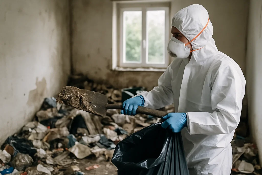 Intérieur d'un appartement à Valdoie, encombré d'objets et de déchets, avant intervention de nettoyage.