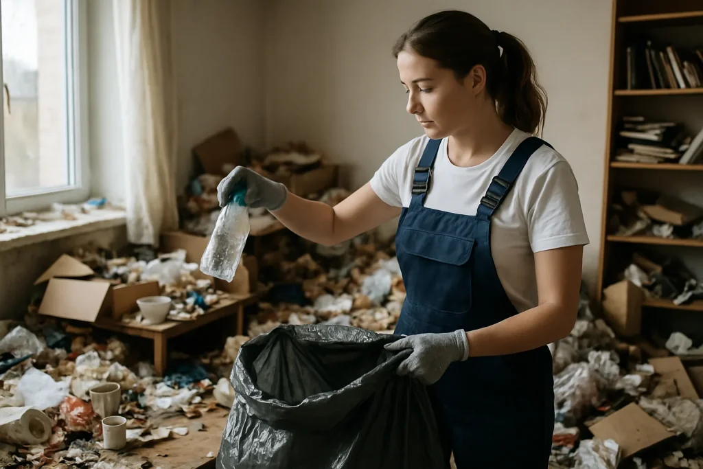 Équipe de nettoyage dans un appartement encombré à Bernin, sacs de déchets visibles.