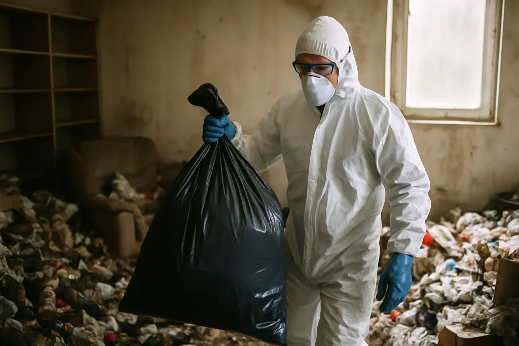 Appartement en désordre avec des déchets éparpillés après syndrome de Diogène à Allaire.