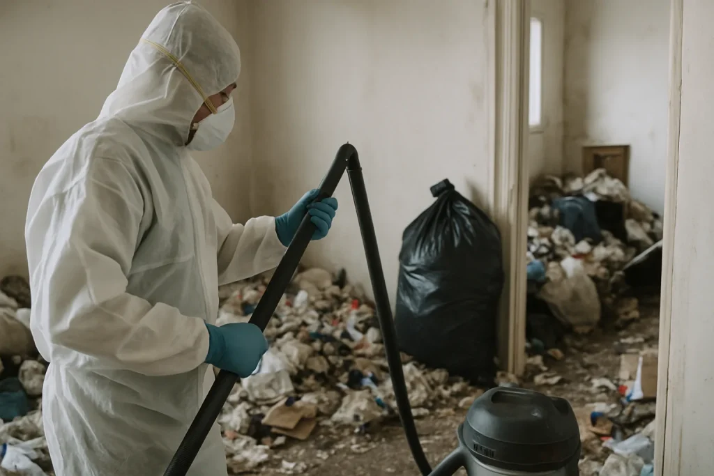 Équipe de nettoyage dans un appartement en désordre à Plechatel, mettant en avant le syndrome de Diogène.