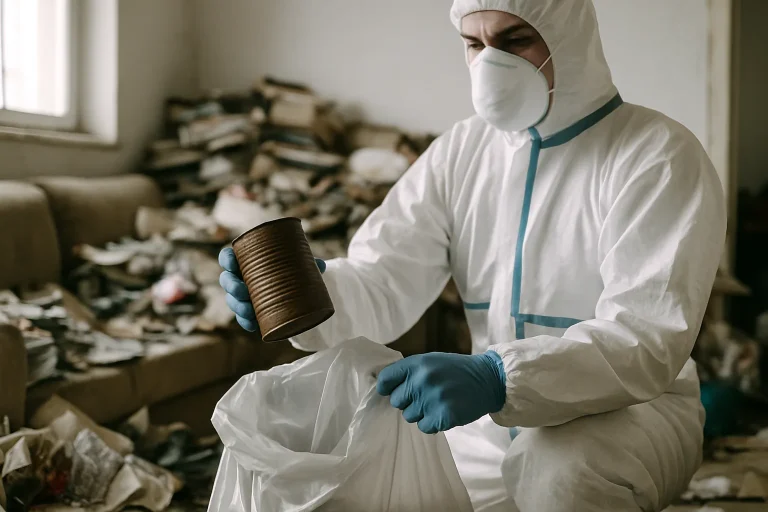 Avant et après le nettoyage d'un appartement insalubre à Bono, montrant des déchets et un espace propre.