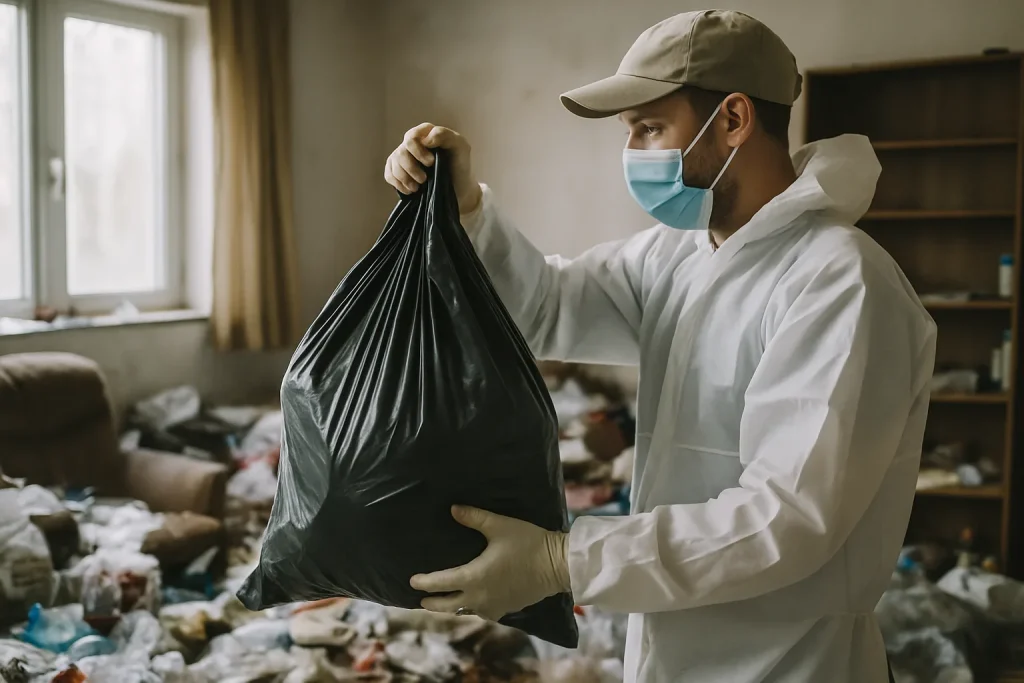 Une pièce à Saint-Denis-En-Val remplie de déchets et objets divers avant nettoyage.
