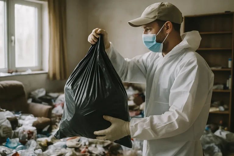 Une pièce à Saint-Denis-En-Val remplie de déchets et objets divers avant nettoyage.