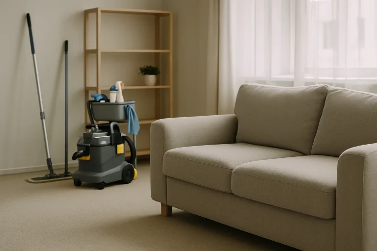 Une pièce nettoyée avec des équipements professionnels visibles, lumière douce