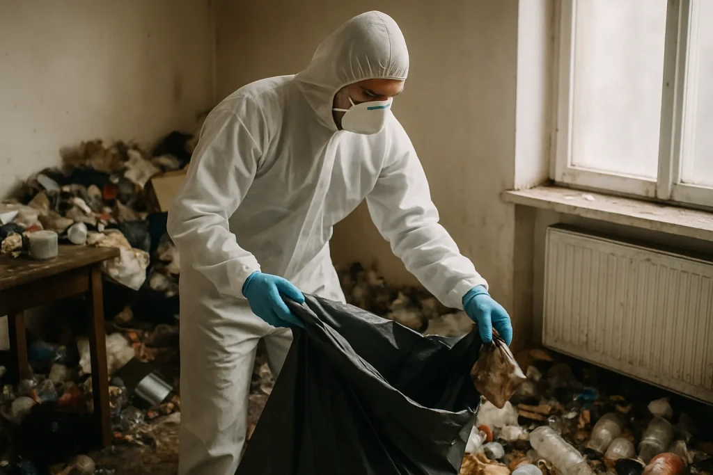 Agent de nettoyage dans un appartement en désordre à Baud, préparant son intervention.
