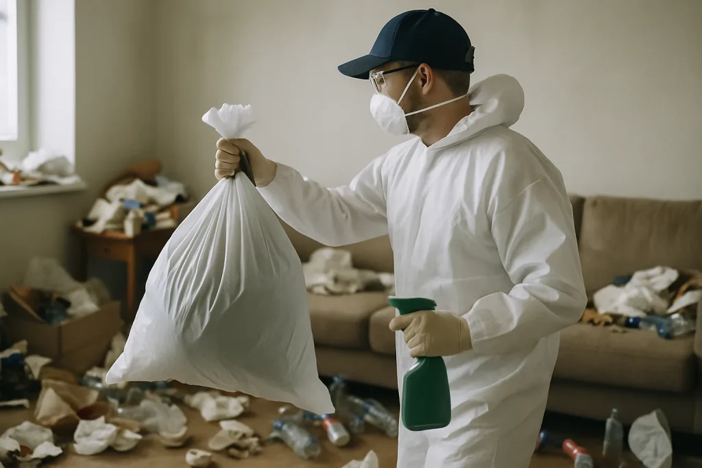Intérieur d'une maison à Loctudy avec des déchets et objets en désordre.