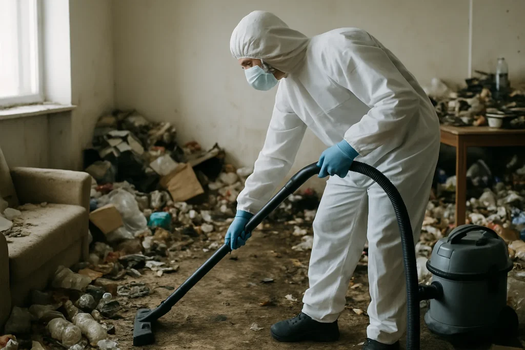 Un nettoyeur professionnel nettoyant un appartement en désordre à Baden après syndrome de Diogène.