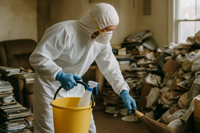Appartement en désordre à Le Rheu avec des objets et déchets éparpillés.