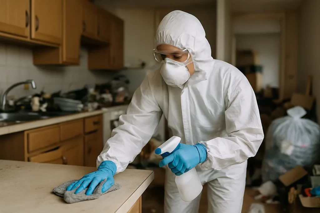 Intérieur d'un appartement à Bassens avec des déchets et des objets accumulés.