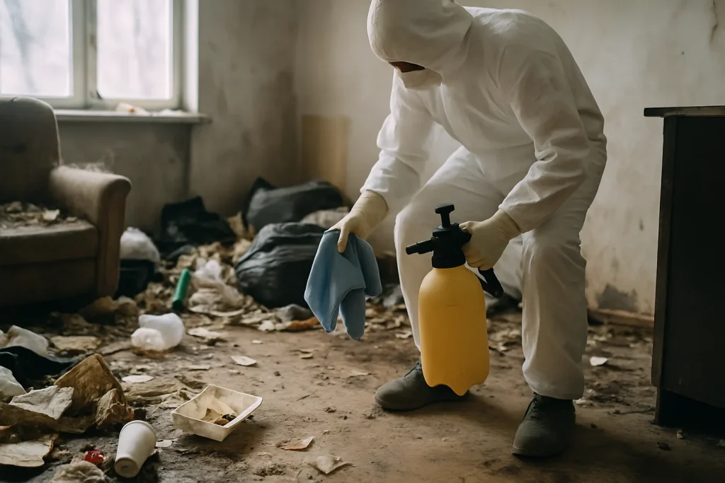 Intérieur d'un appartement à Douvaine, rempli de déchets et encombré.