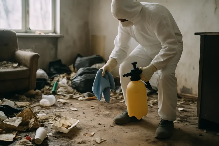 Intérieur d'un appartement à Douvaine, rempli de déchets et encombré.
