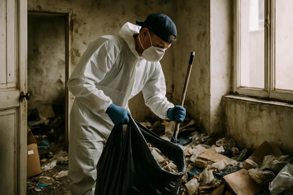Un intérieur d'appartement à Lezoux montrant un désordre extrême avant nettoyage.