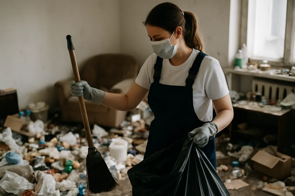 Intérieur d'un appartement à Royat, en désordre avec des objets dispersés et de la poussière.