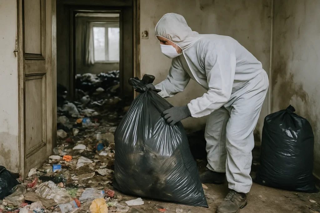 Un agent de nettoyage dans un appartement désordonné à Ploumilliau, rassemblant des déchets.