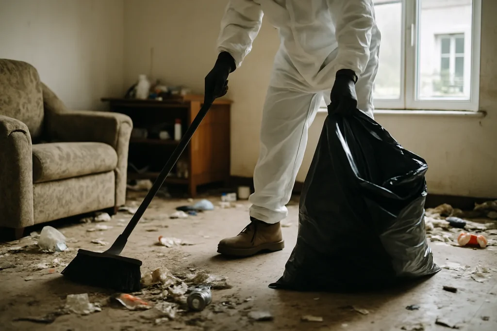 Intérieur d'une maison en désordre avec des déchets éparpillés au sol, nécessitant un nettoyage.