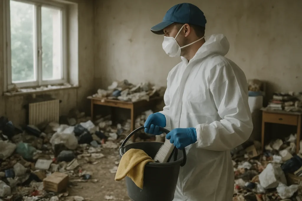 Appartement en désordre à Benodet avec objets et déchets éparpillés.