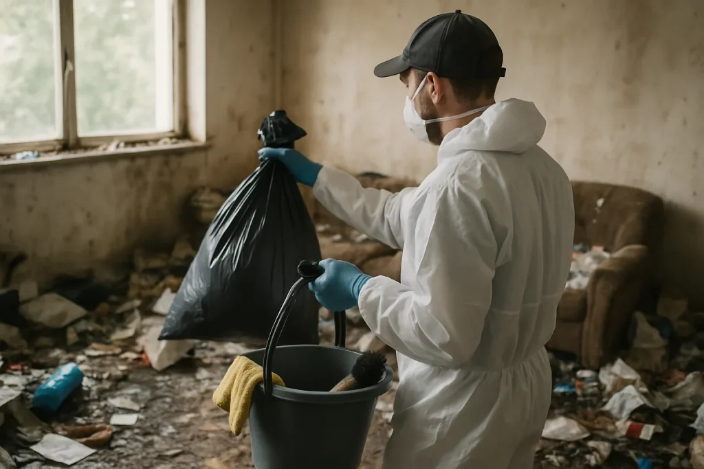 Intérieur d'un appartement en désordre à Plelan-Le-Grand, montrant des objets éparpillés.