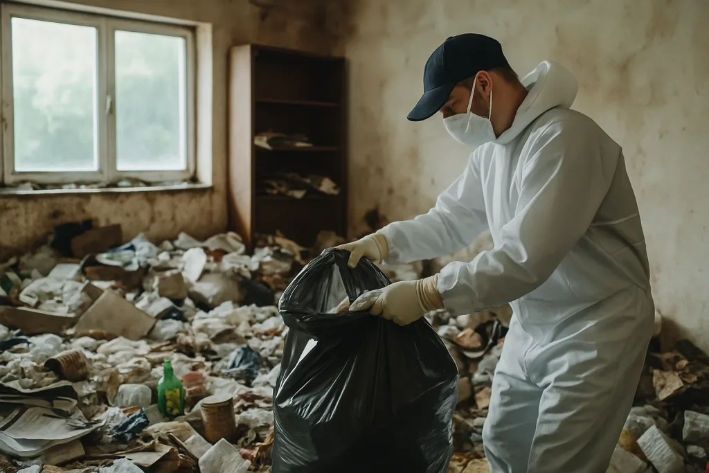 Un appartement à Pleyben en désordre, avec des objets éparpillés et des déchets à nettoyer.