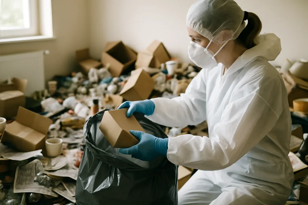 Un professionnel nettoie un appartement en désordre à Ploeren après syndrome de Diogène.