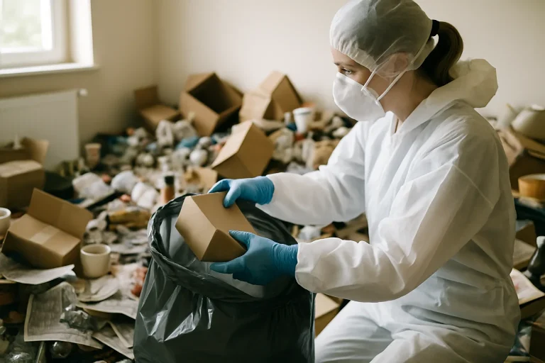 Un professionnel nettoie un appartement en désordre à Ploeren après syndrome de Diogène.