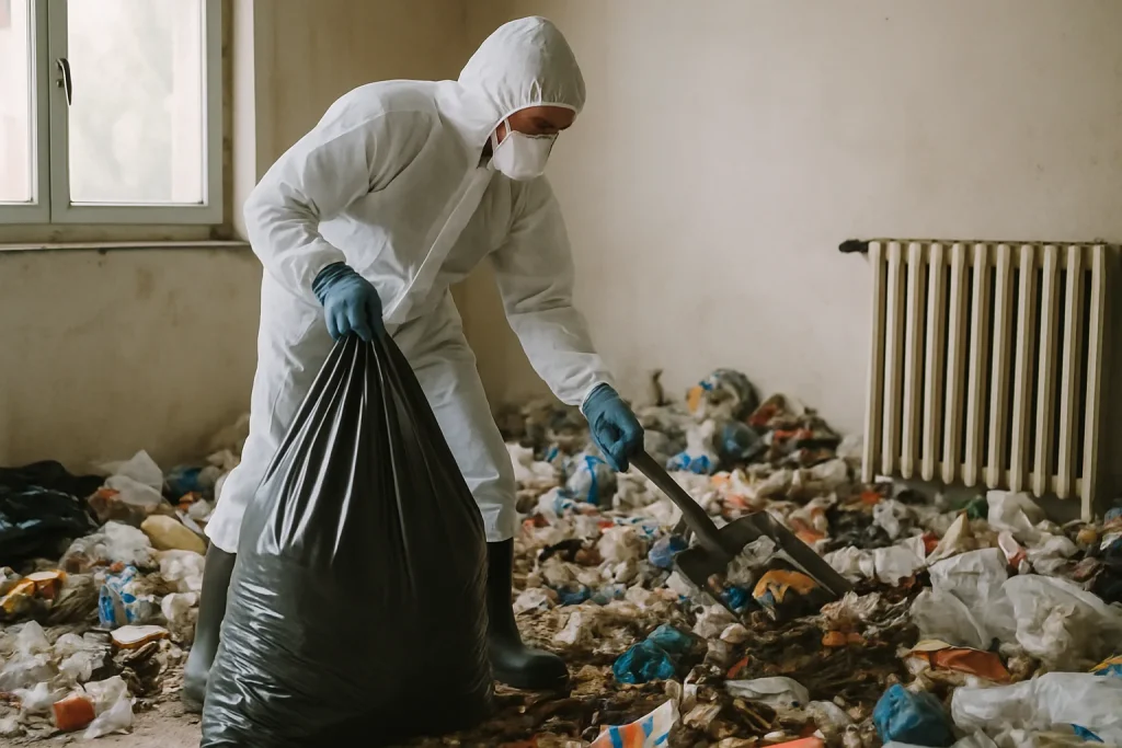 Une pièce en désordre avec des déchets, avant le nettoyage après syndrome de Diogène à Pordic.
